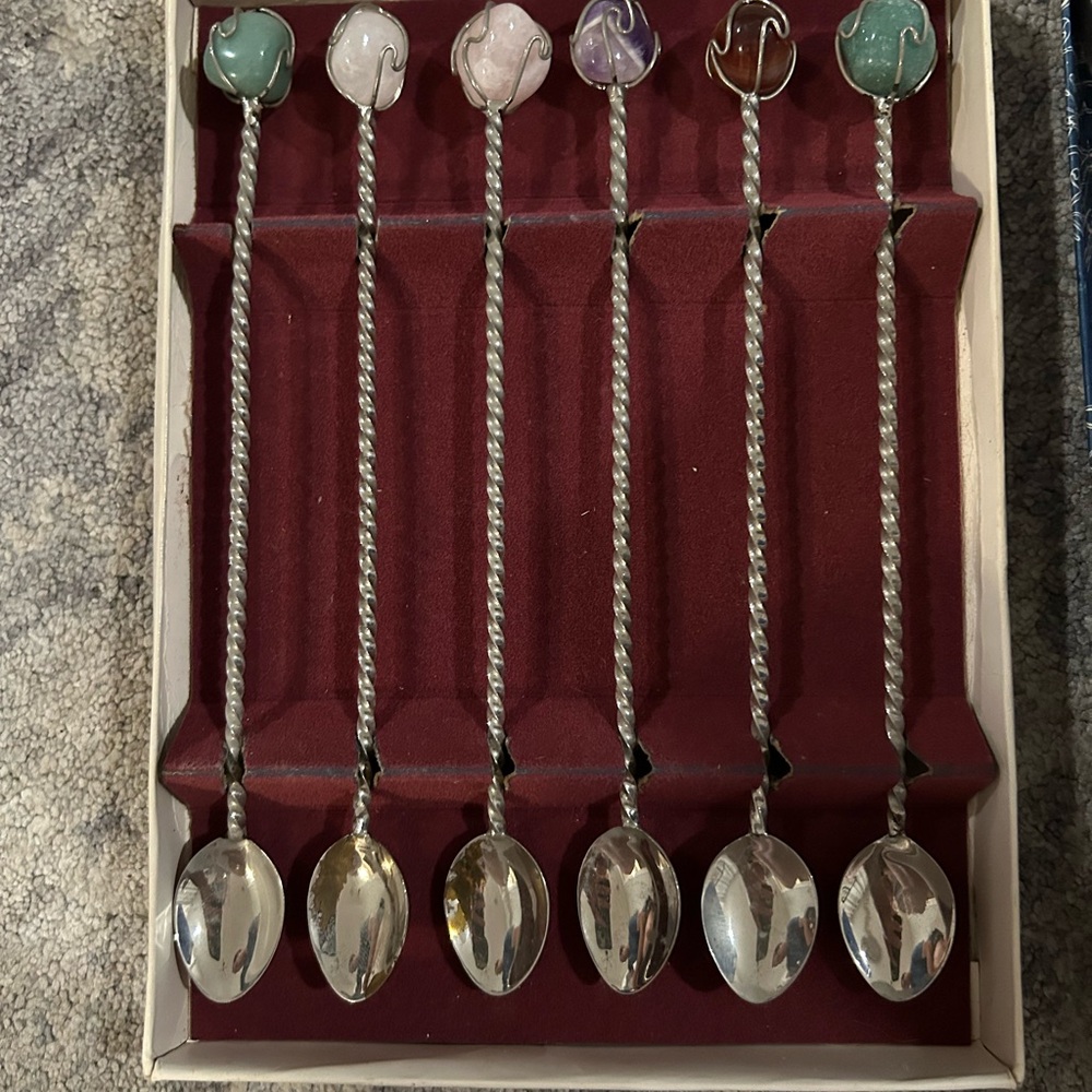 Vtg Barasch Sylmar 1970s Brasil Brazil Gemstone Demitasse 6 Spoon Set In Box